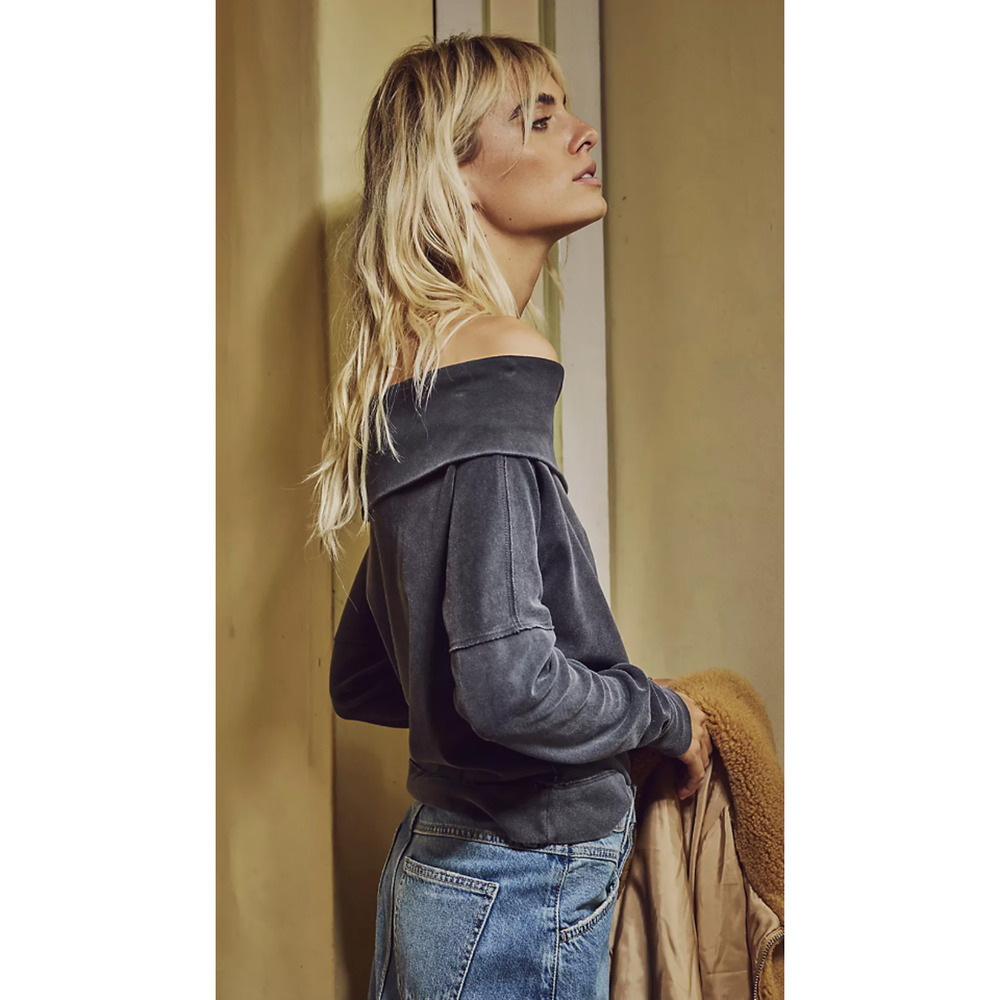 NEW FREE PEOPLE WE THE FREE BLACK NOT THE SAME TEE OFF THE SHOULDER TOP SZ M - Picture 6 of 10